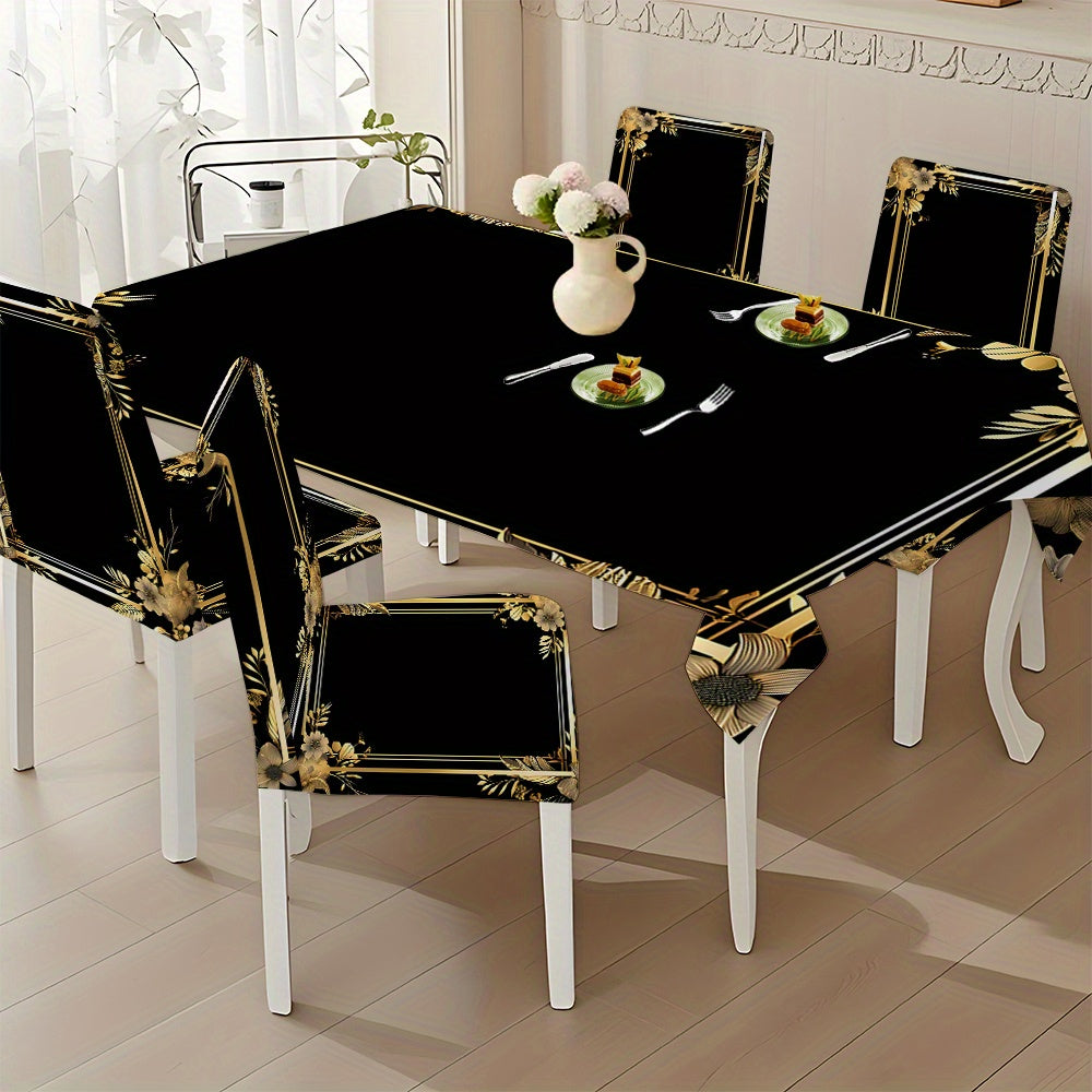 Black & Gold Design Tablecloth with Chair Covers – Set of 5 or 7 Pieces