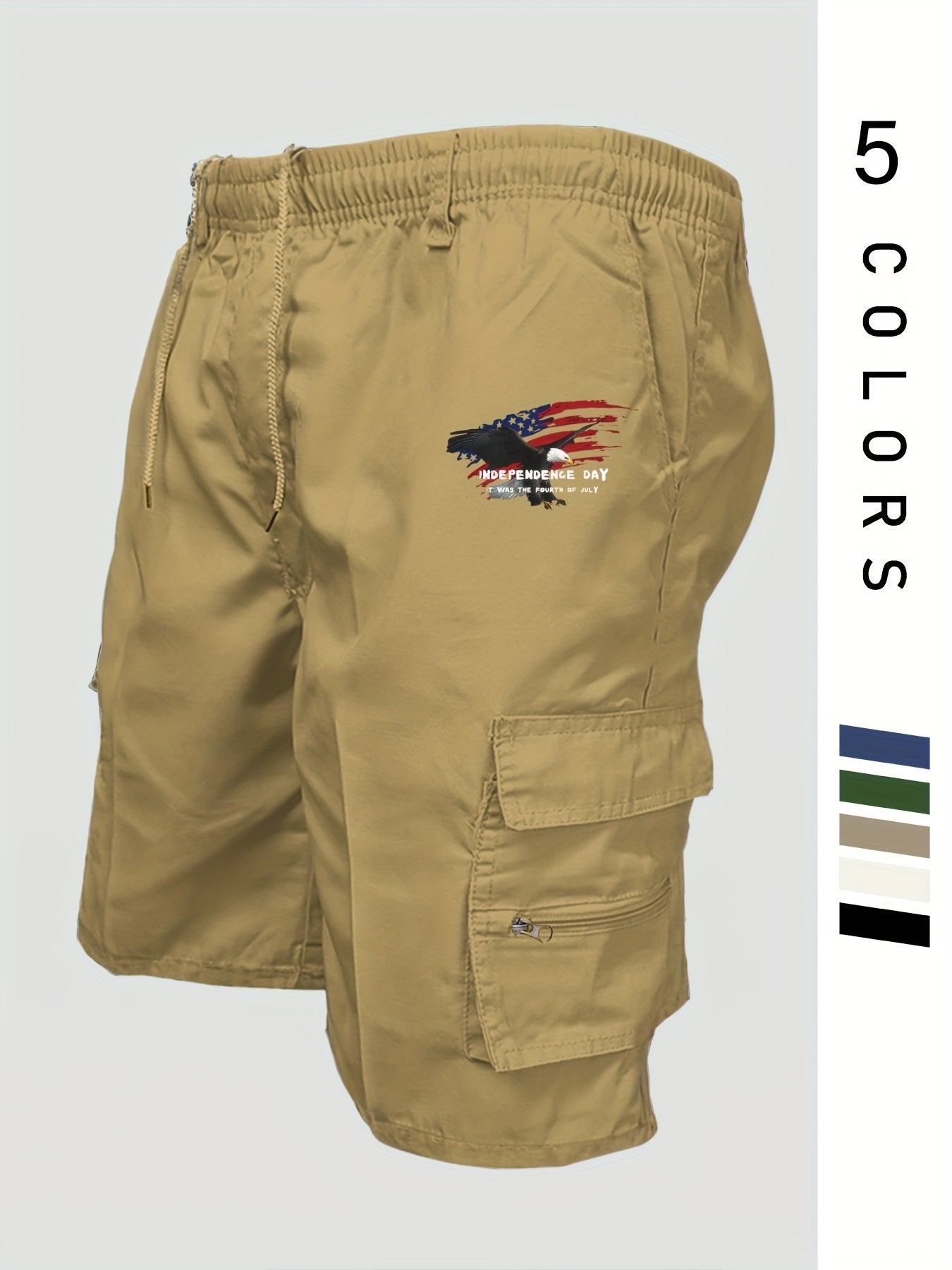 Eagle Print Loose Fit Elastic Cargo Shorts