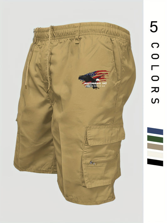 Eagle Print Loose Fit Elastic Cargo Shorts