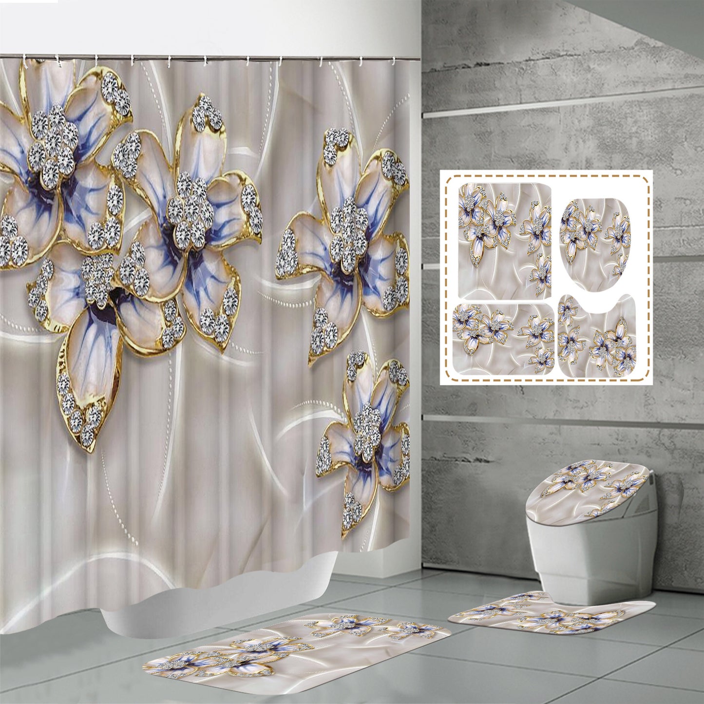 HD Digital Printing Waterproof Polyester Mildew-proof Shower Curtain Suit