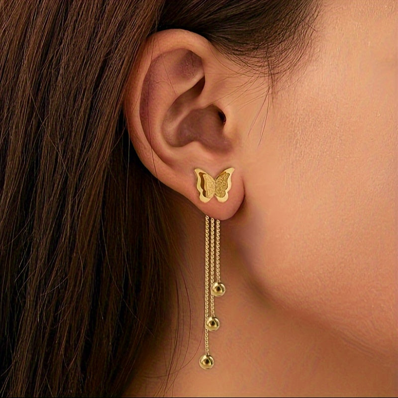 1 Pair Golden Stainless Steel Butterfly Tassel Earrings