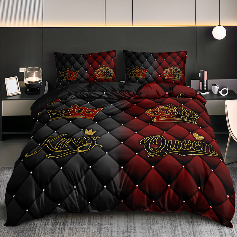 2/3pcs Luxury Dark Red & Gold Crown Duvet Cover Set – King & Queen Design