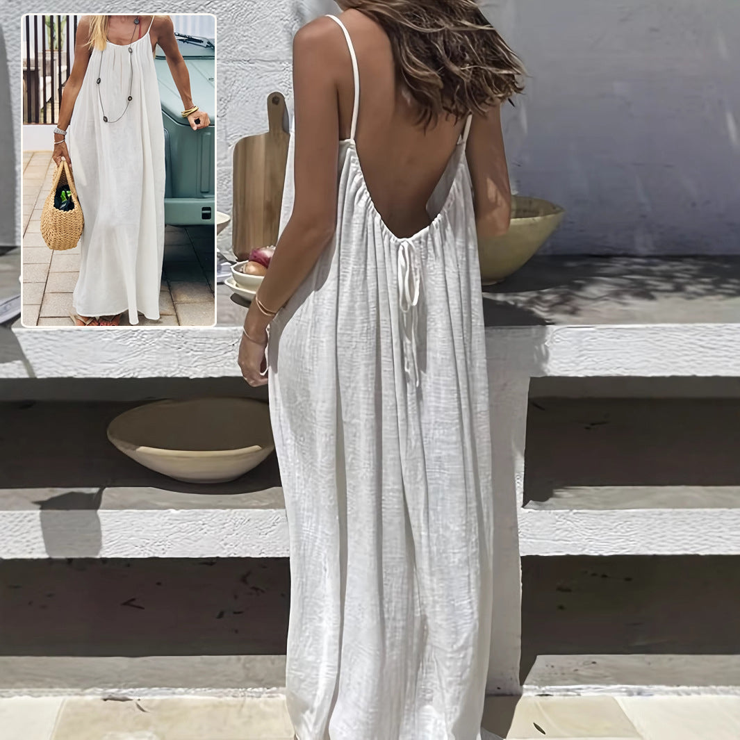 Loose Spaghetti Strap Dress -Ins Fashion U-Cut Backless Tie-Up Long Bohemian Beach Dress