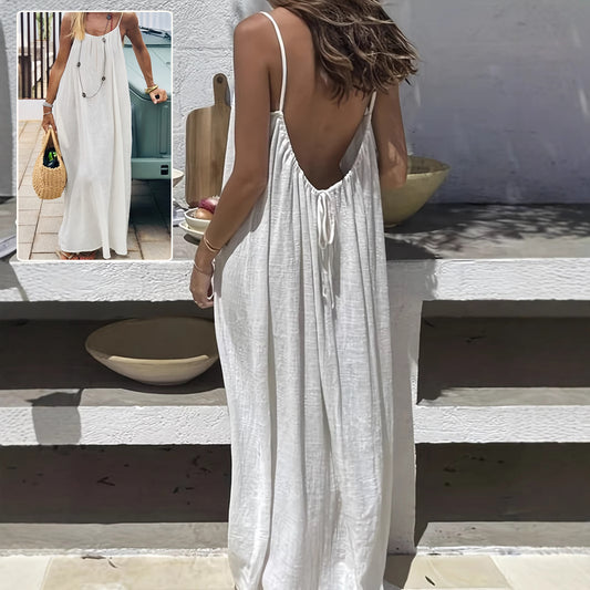 Loose Spaghetti Strap Dress -Ins Fashion U-Cut Backless Tie-Up Long Bohemian Beach Dress