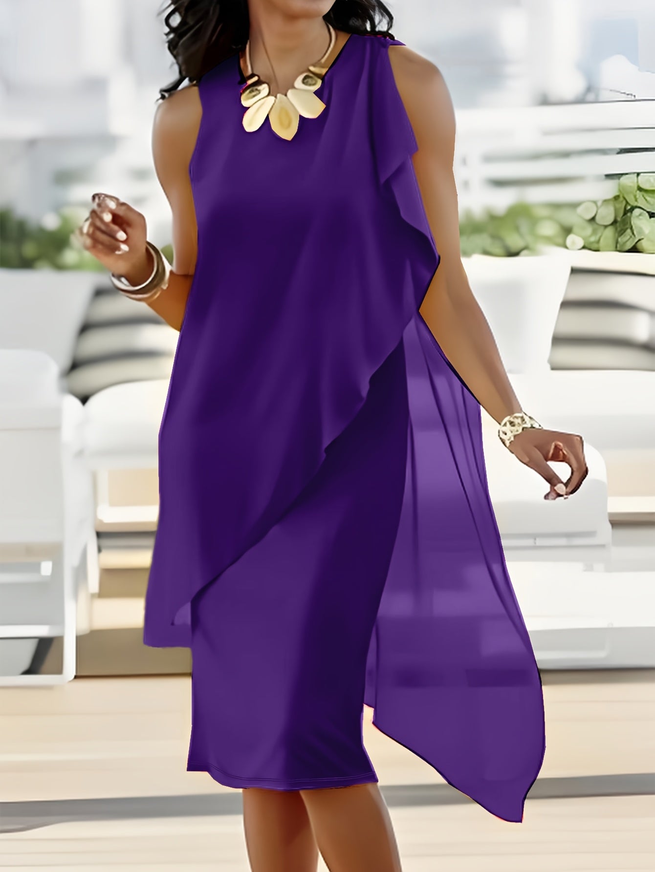 Elegant Solid Color Irregular Chiffon Patchwork Sleeveless Round Neck Dress