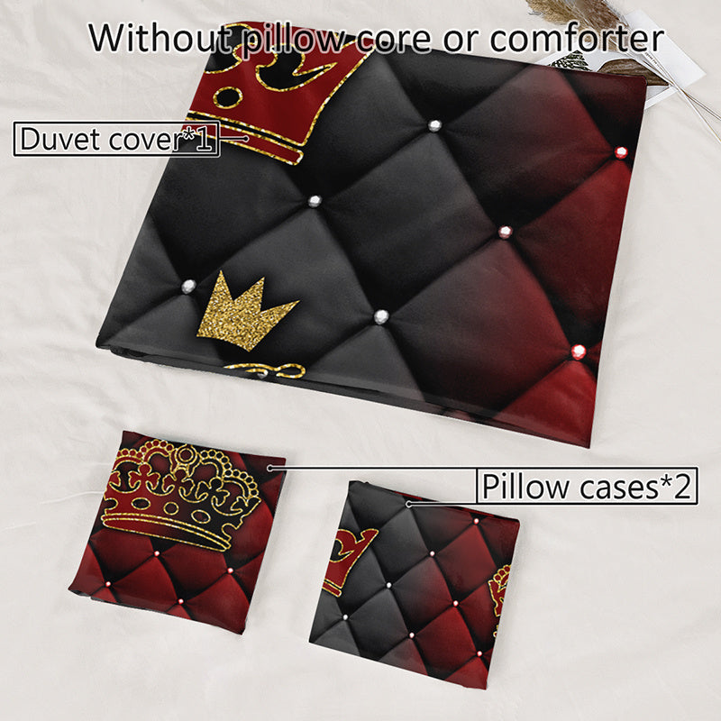 2/3pcs Luxury Dark Red & Gold Crown Duvet Cover Set – King & Queen Design