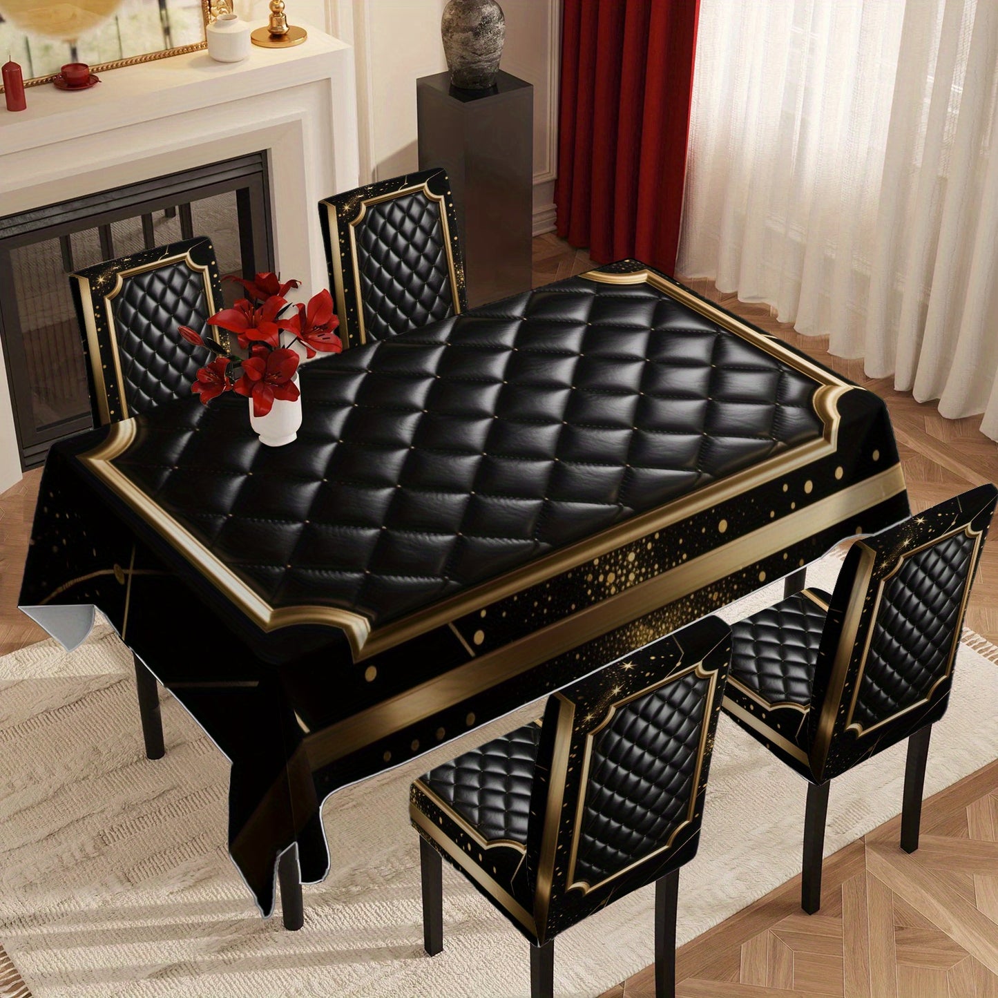 Luxurious Black and Golden Diamond Pattern Tablecloth Set