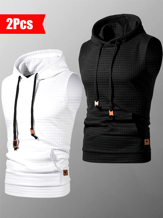 2pcs Casual Sleeveless Hooded Jacquard Tank Top