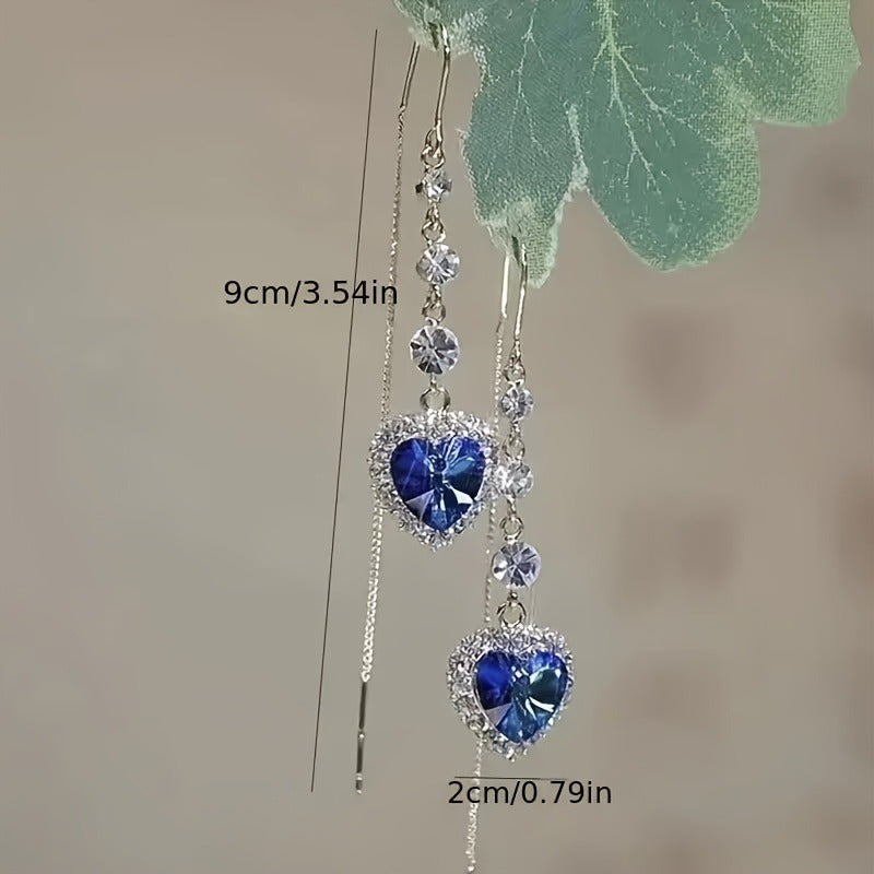 Sophisticated Alloy Blue Heart Tassel Earrings