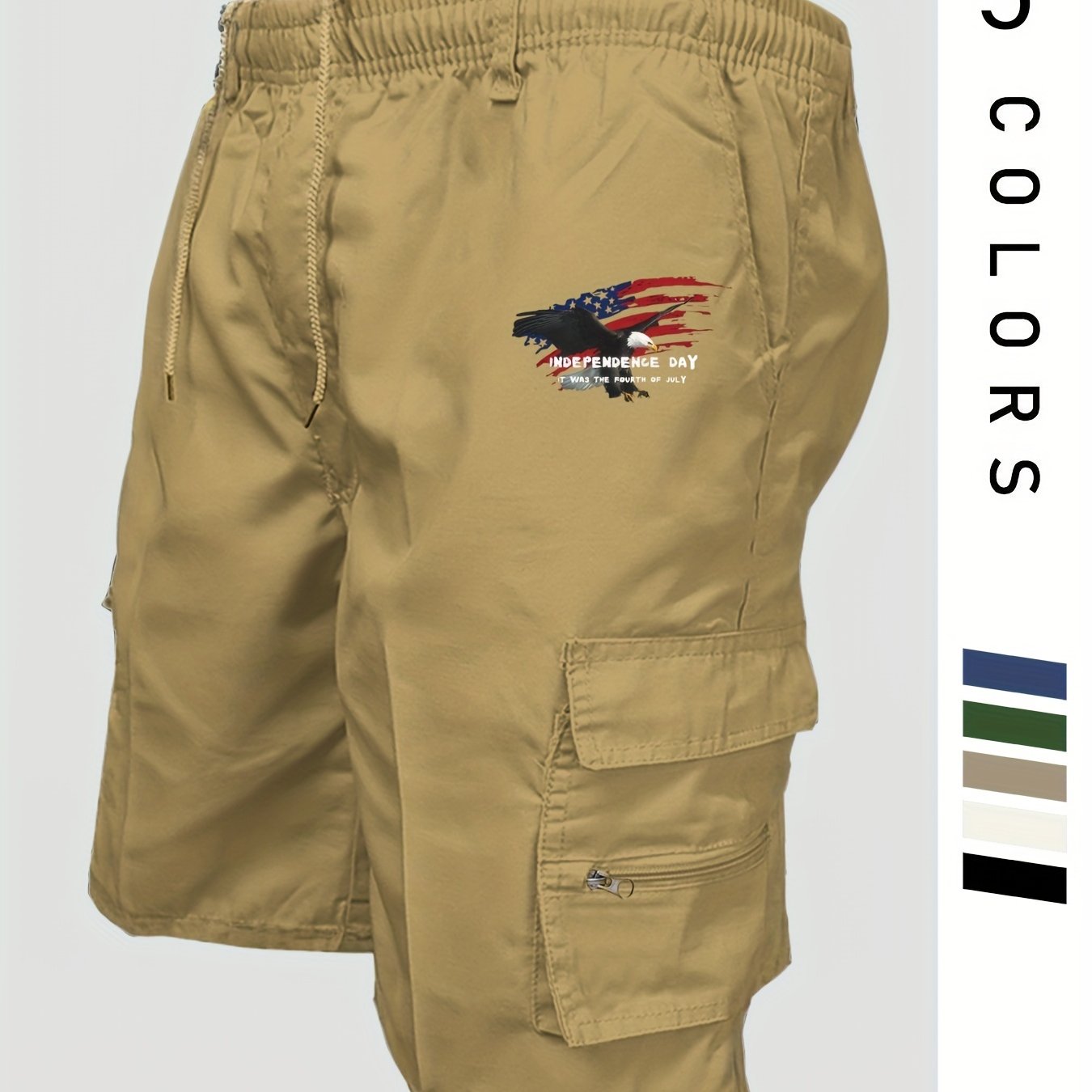 Eagle Print Loose Fit Elastic Cargo Shorts