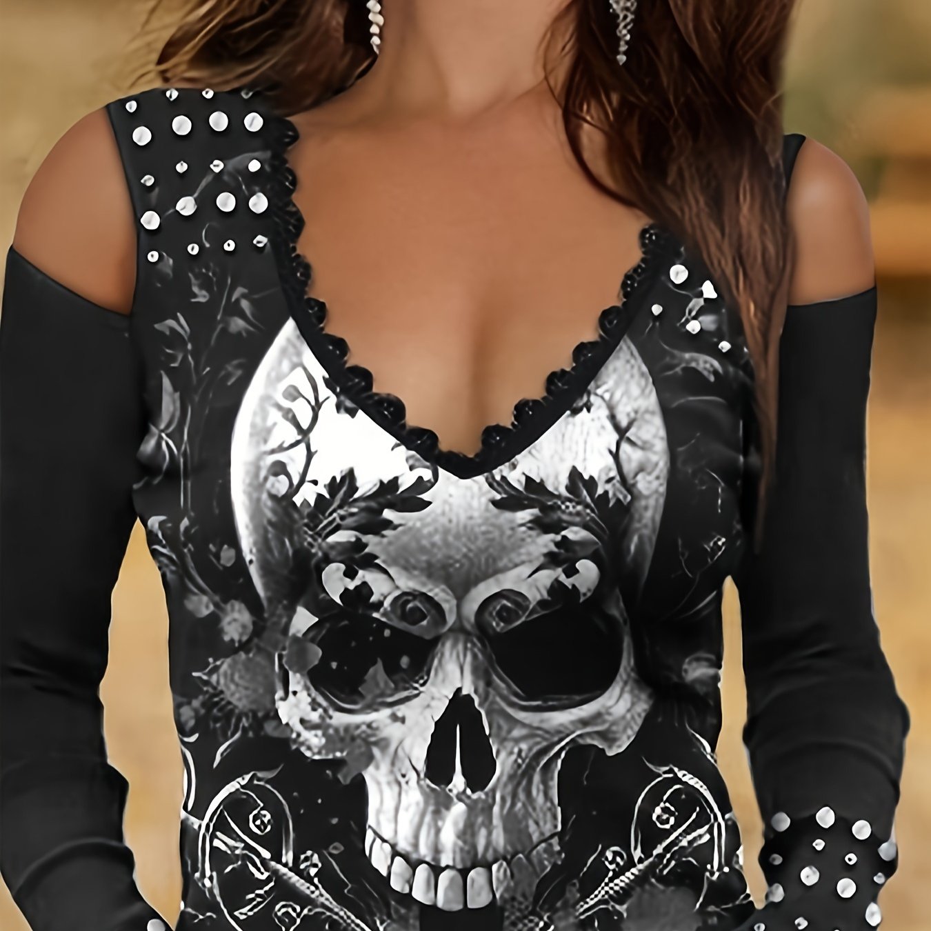 Vintage Skull Print Cold Shoulder T-Shirt – Women’s Long Sleeve Tee for Spring & Fall