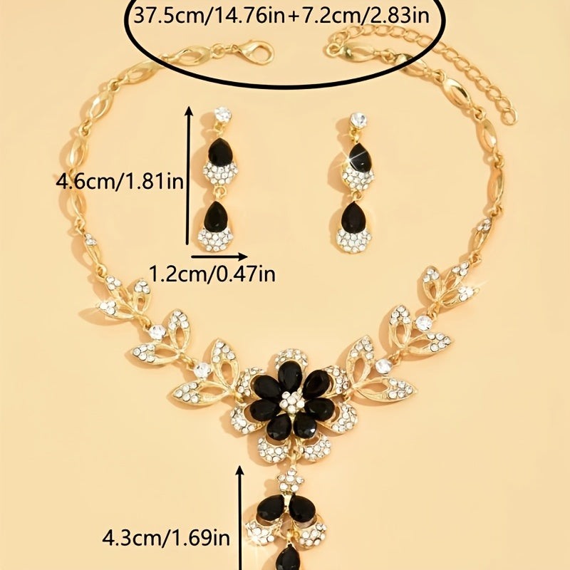 2pcs Set – Elegant Black Cubic Zirconia & Delicate Floral Necklace and Earrings