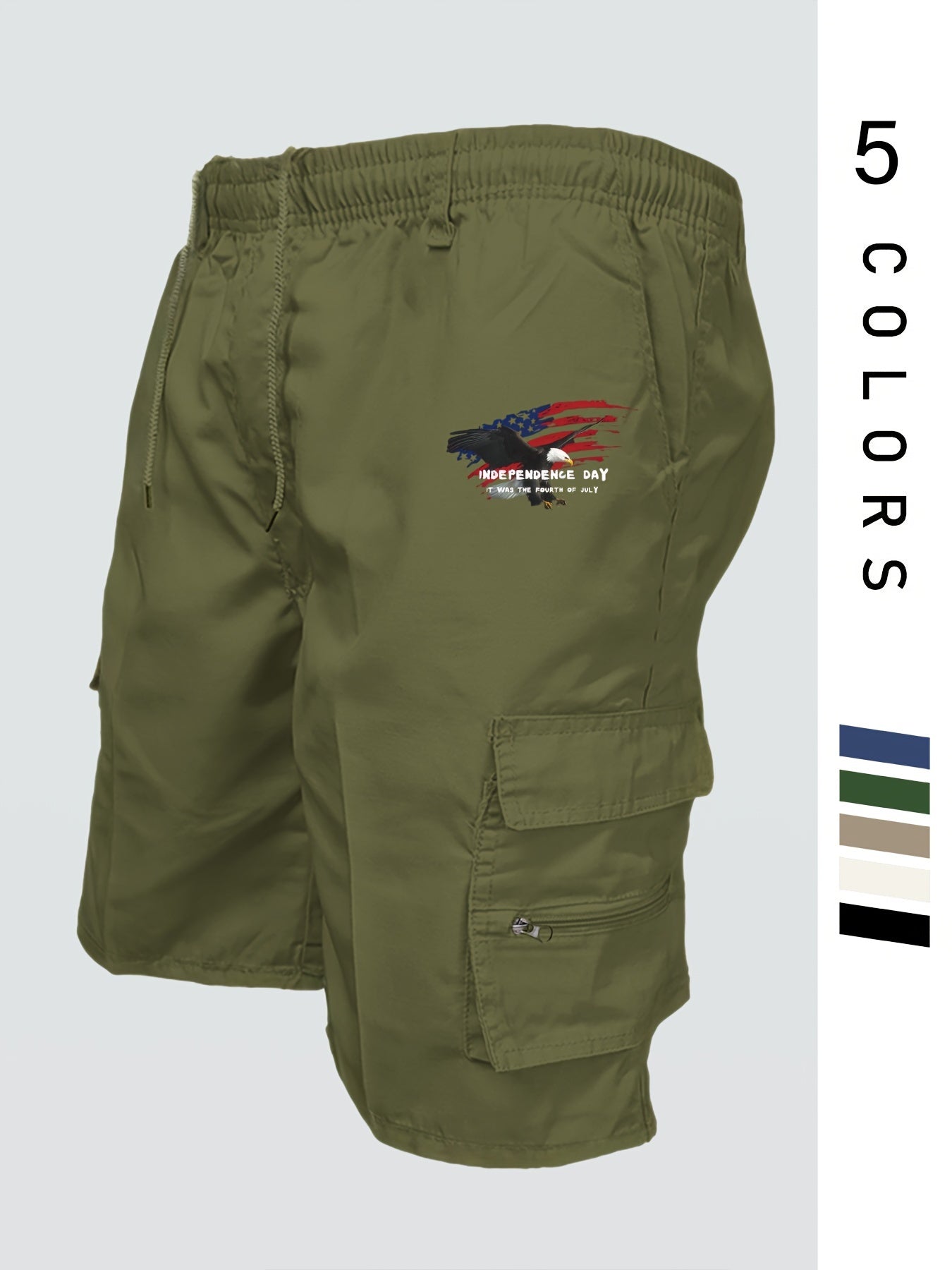 Eagle Print Loose Fit Elastic Cargo Shorts