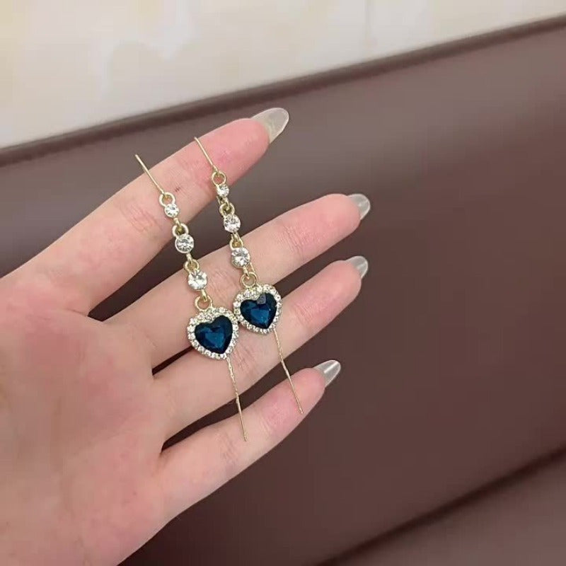 Sophisticated Alloy Blue Heart Tassel Earrings