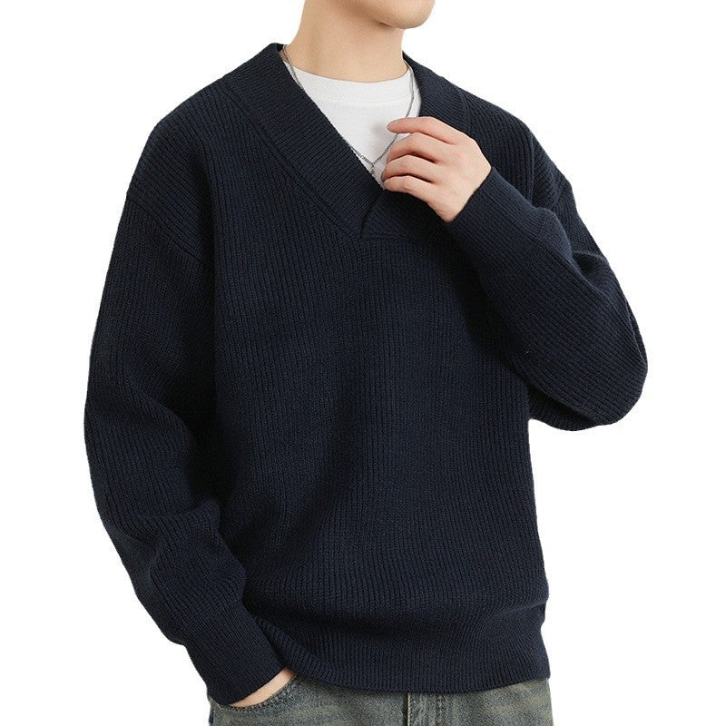 Men's V-Neck Solid Color Chunky Knit Sweater