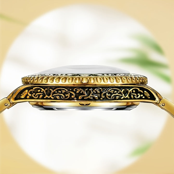 1pc Men's Red Steel Belt Retro Style Mechanical Watch – Luminous & Carved Design
