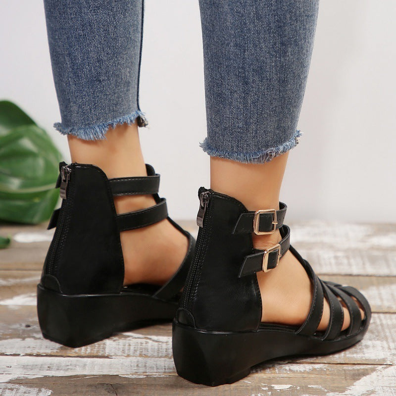 Women's Hollow-out Open Toe Zip Wedge Sandals