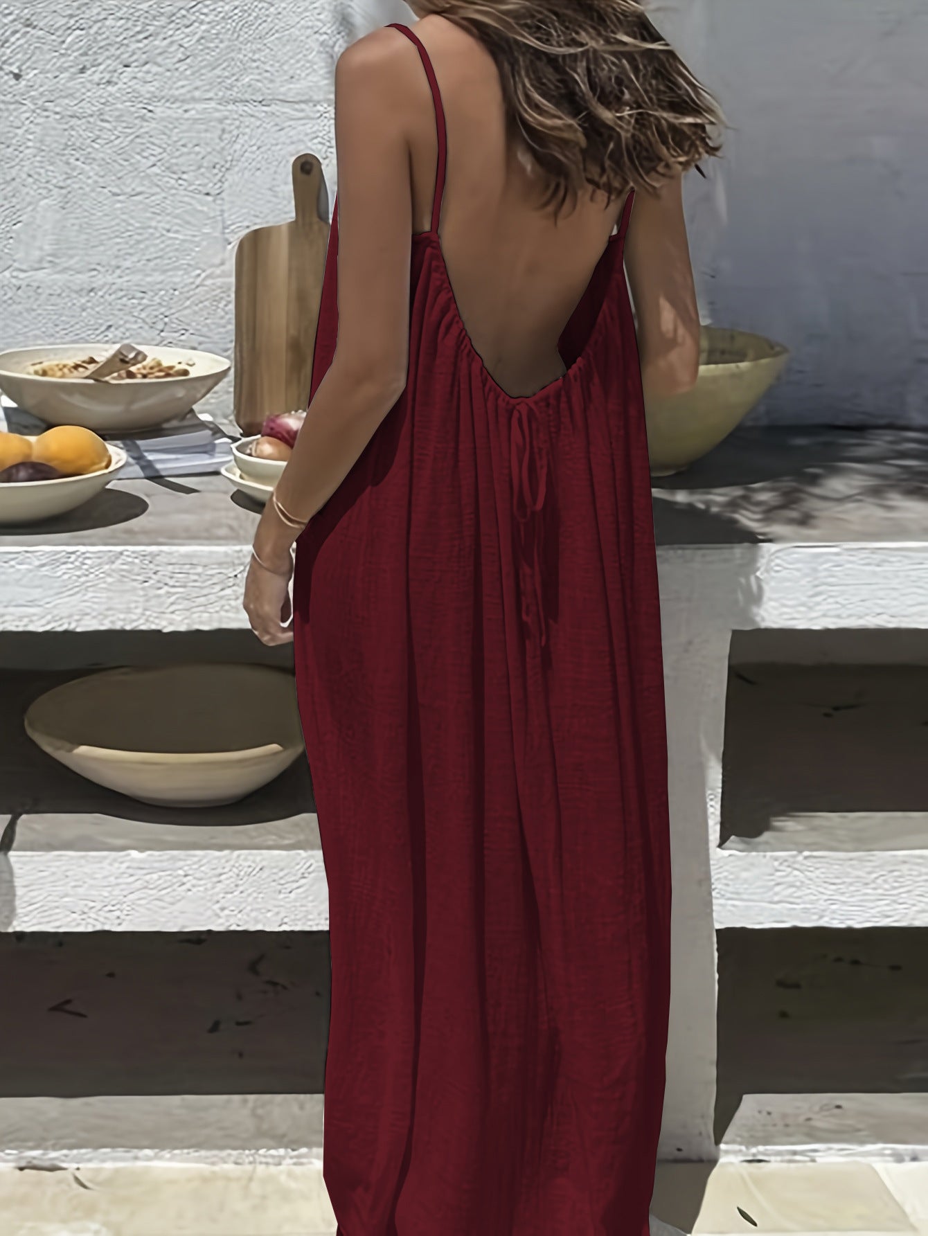 Loose Spaghetti Strap Dress -Ins Fashion U-Cut Backless Tie-Up Long Bohemian Beach Dress