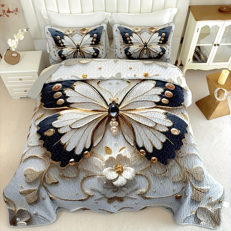 Soft, Breathable Quilted Bedding Set (2 or 3 Pieces) – Black & White Butterfly and Floral Design