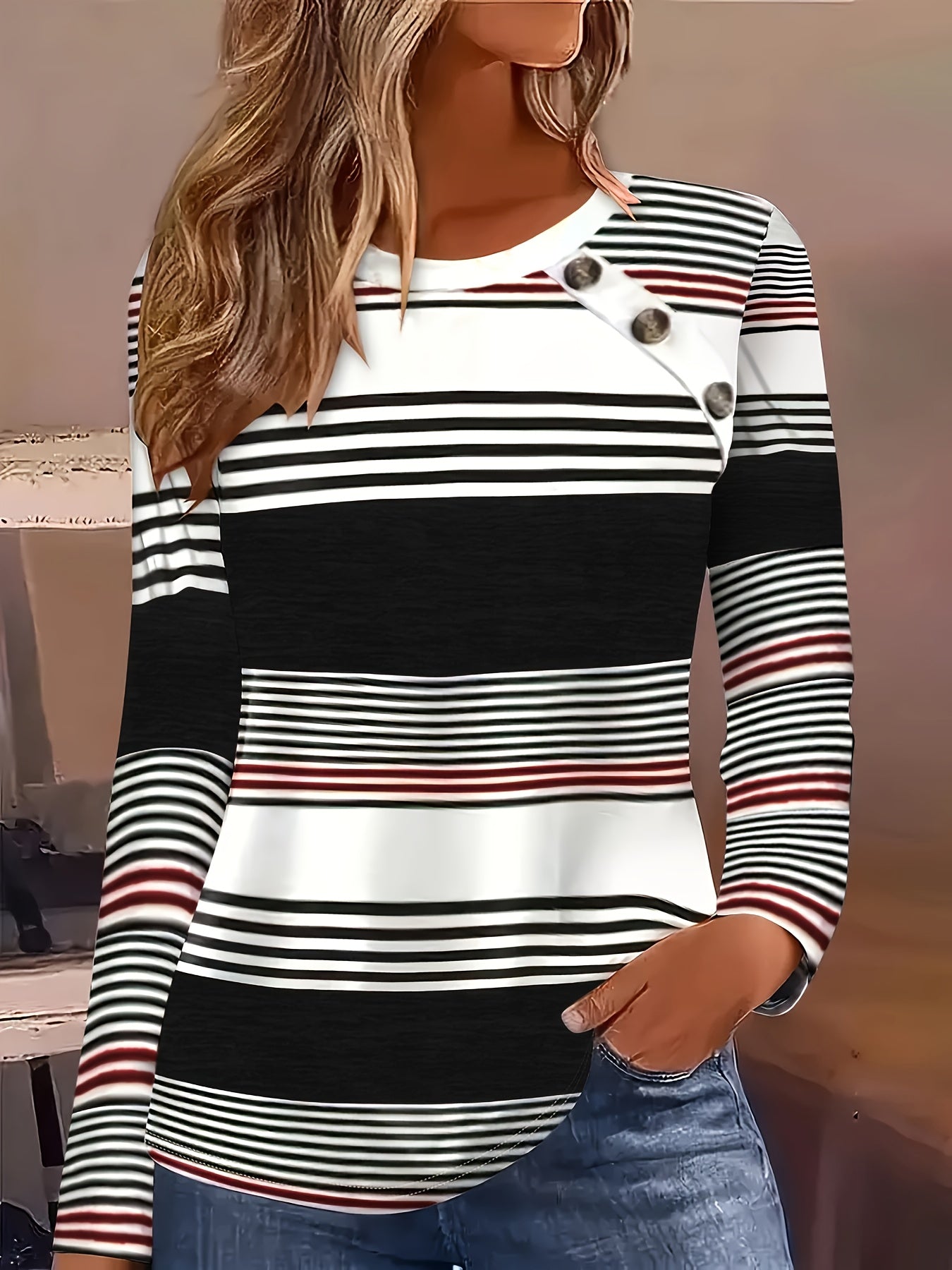 Striped Contrast Button T-Shirt – Long Sleeve Casual Tee for Women