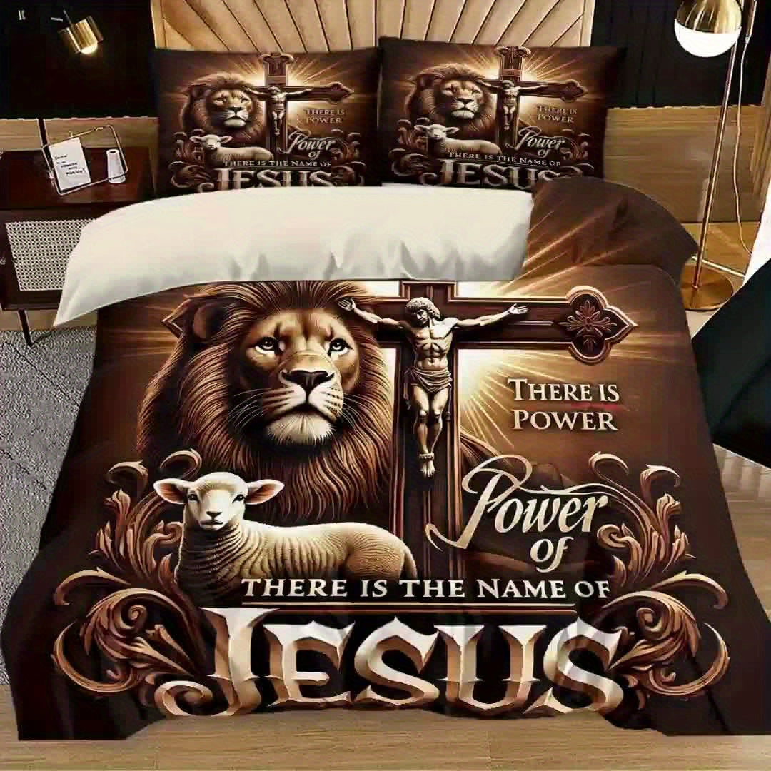 Majestic Lion Cross Jesus Pattern Duvet Cover Set