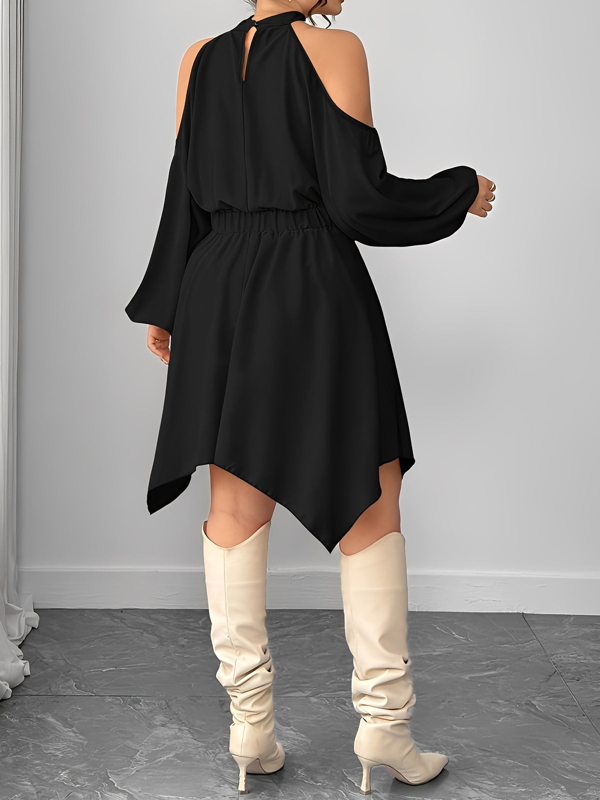 Plus Size Women’s Halter Neck Dress with Lantern Sleeves, High Collar, Cinched Waist & Asymmetrical Hem