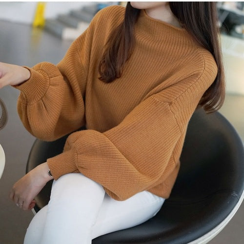 Half-High Collar Short Lantern Sleeve Pullover Sweater for Women