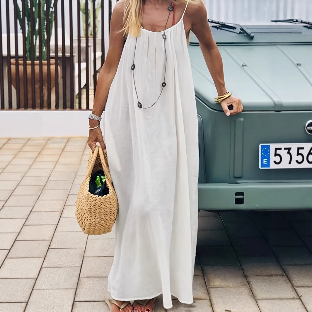 Loose Spaghetti Strap Dress -Ins Fashion U-Cut Backless Tie-Up Long Bohemian Beach Dress