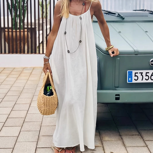 Loose Spaghetti Strap Dress -Ins Fashion U-Cut Backless Tie-Up Long Bohemian Beach Dress