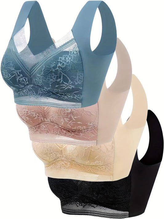 4pcs Simple Solid Contrast Lace Wireless Bra Set