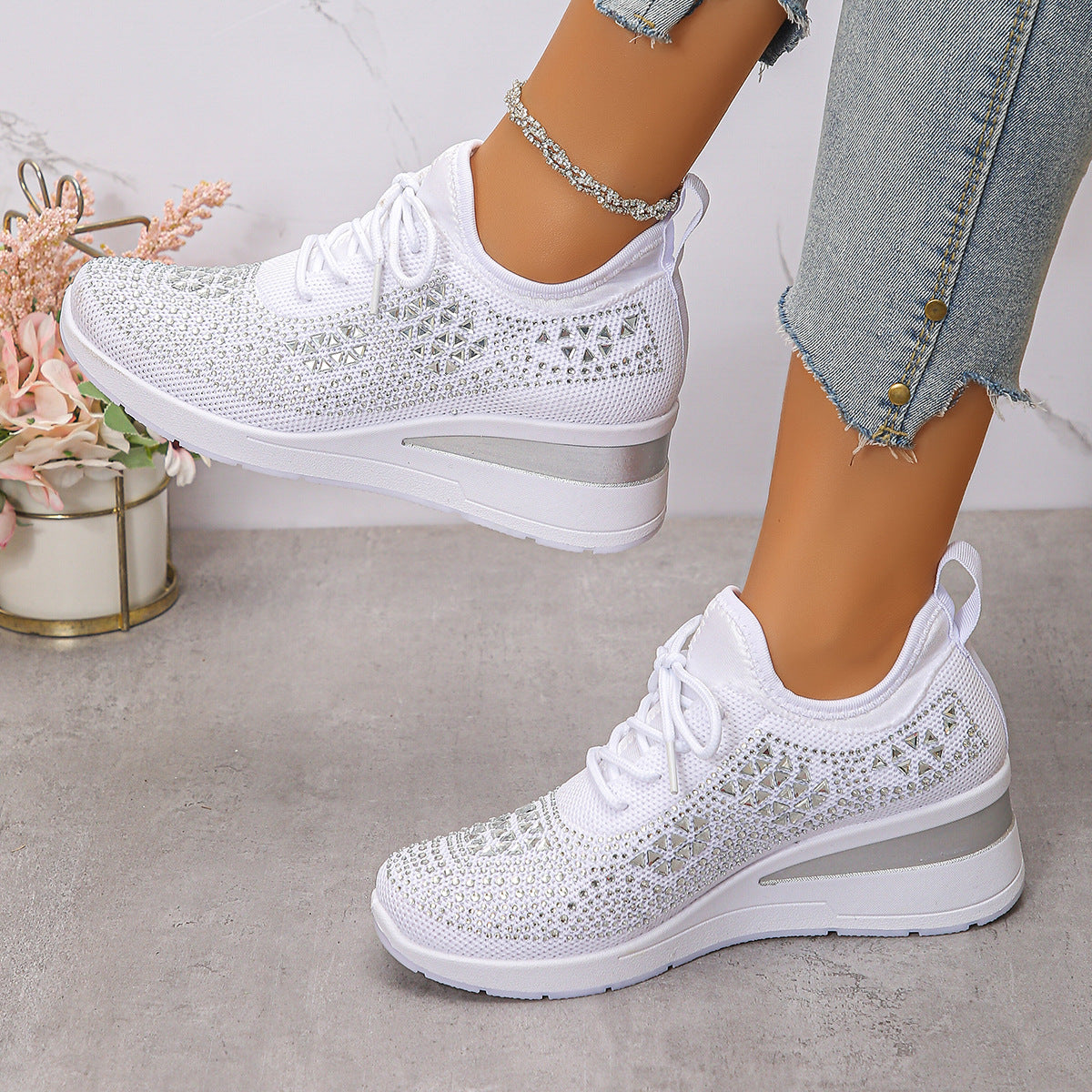 Rhinestone Wedge Sneakers – Fashion Lace-Up Casual Sports Shoes for Women