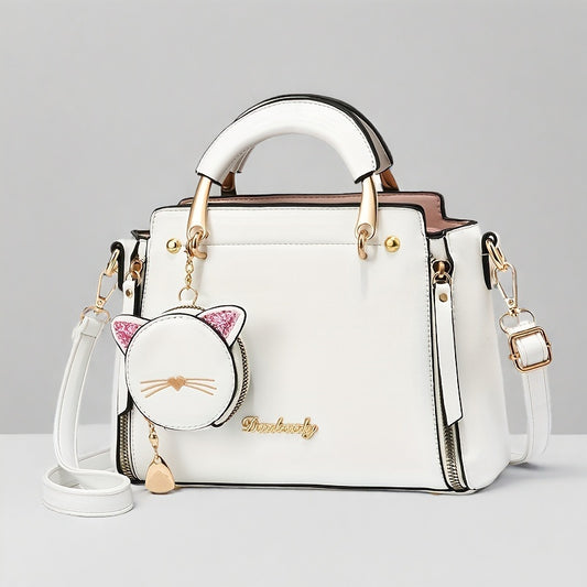 Top Handle Satchel Purses with Cute Kitten Pendant