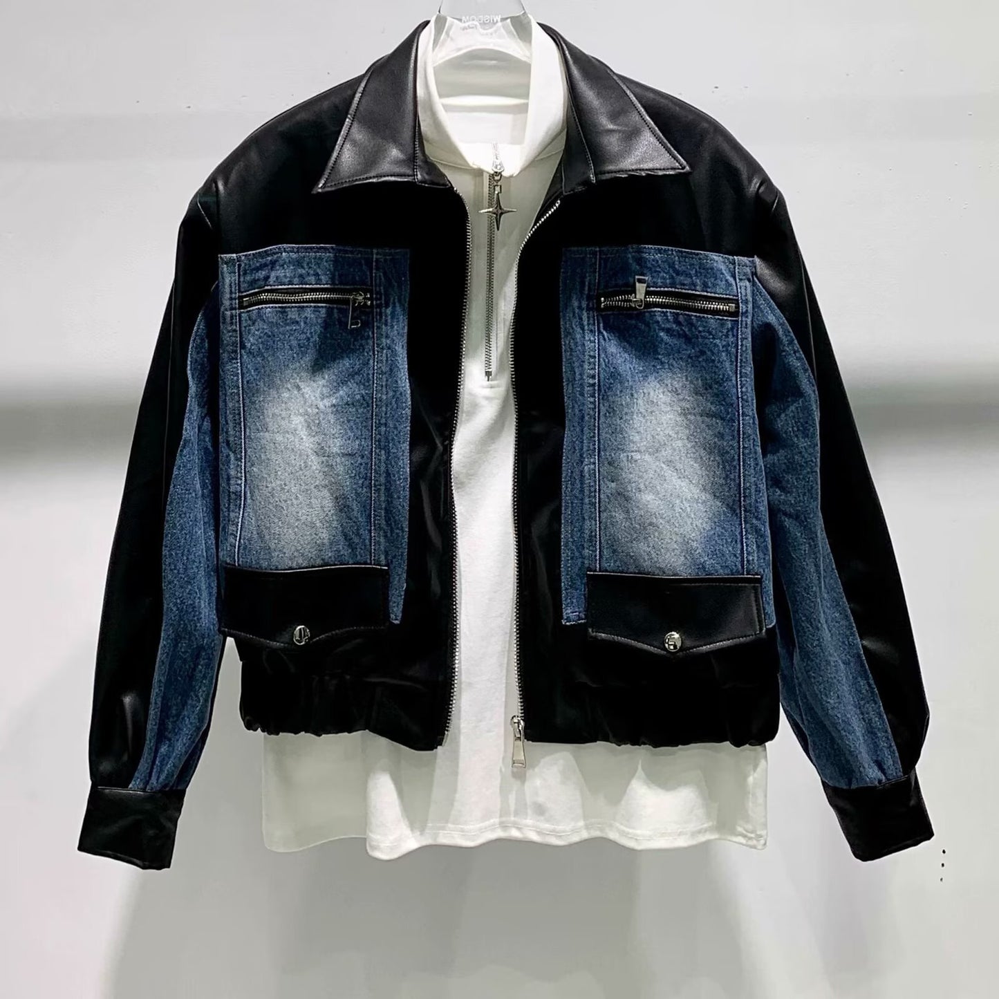 High-Quality PU Leather & Denim Panel Jacket