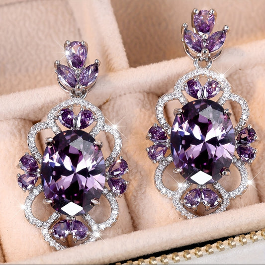 ANGOL Elegant Purple Zirconia Floral Halo Earrings – White Gold-Plated Luxury for Women
