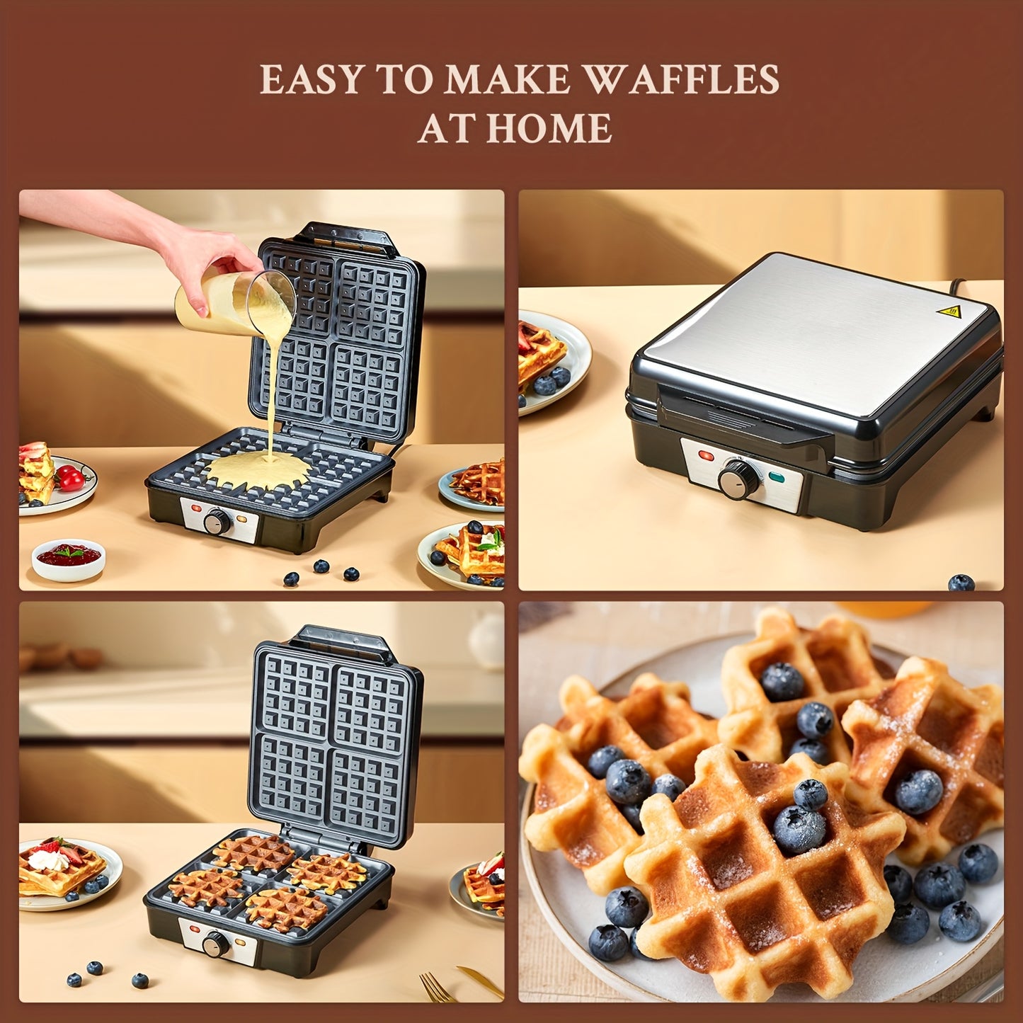 Yabano 4-Slice Belgian Waffle Maker, 1200W