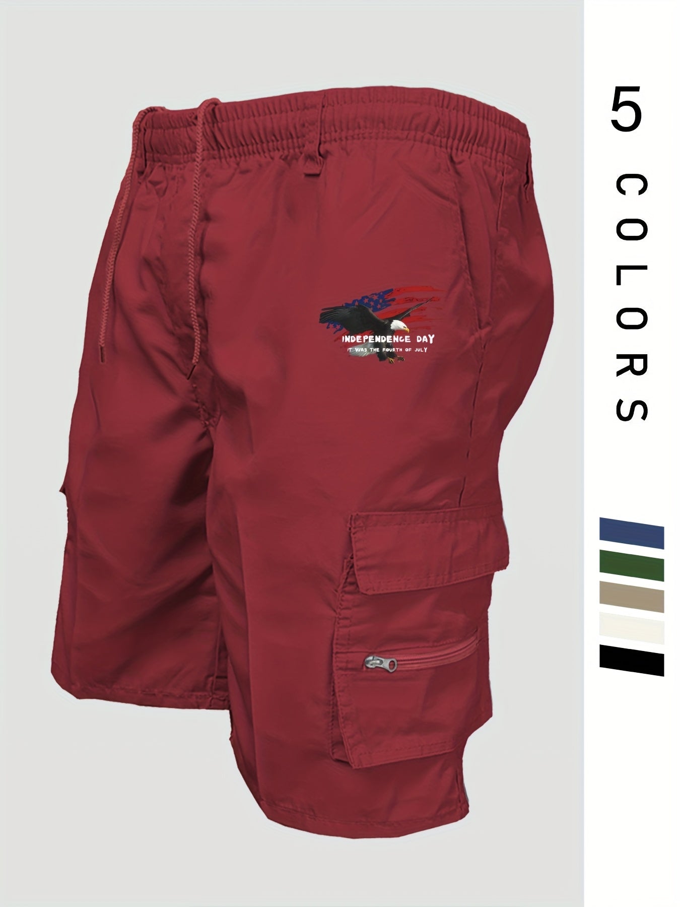 Eagle Print Loose Fit Elastic Cargo Shorts