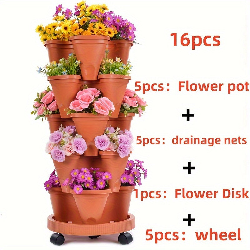 Hot Deal 5-Layer Stackable Vertical Garden Planter – 1 Set (16 Pcs) with Wheels & Tools