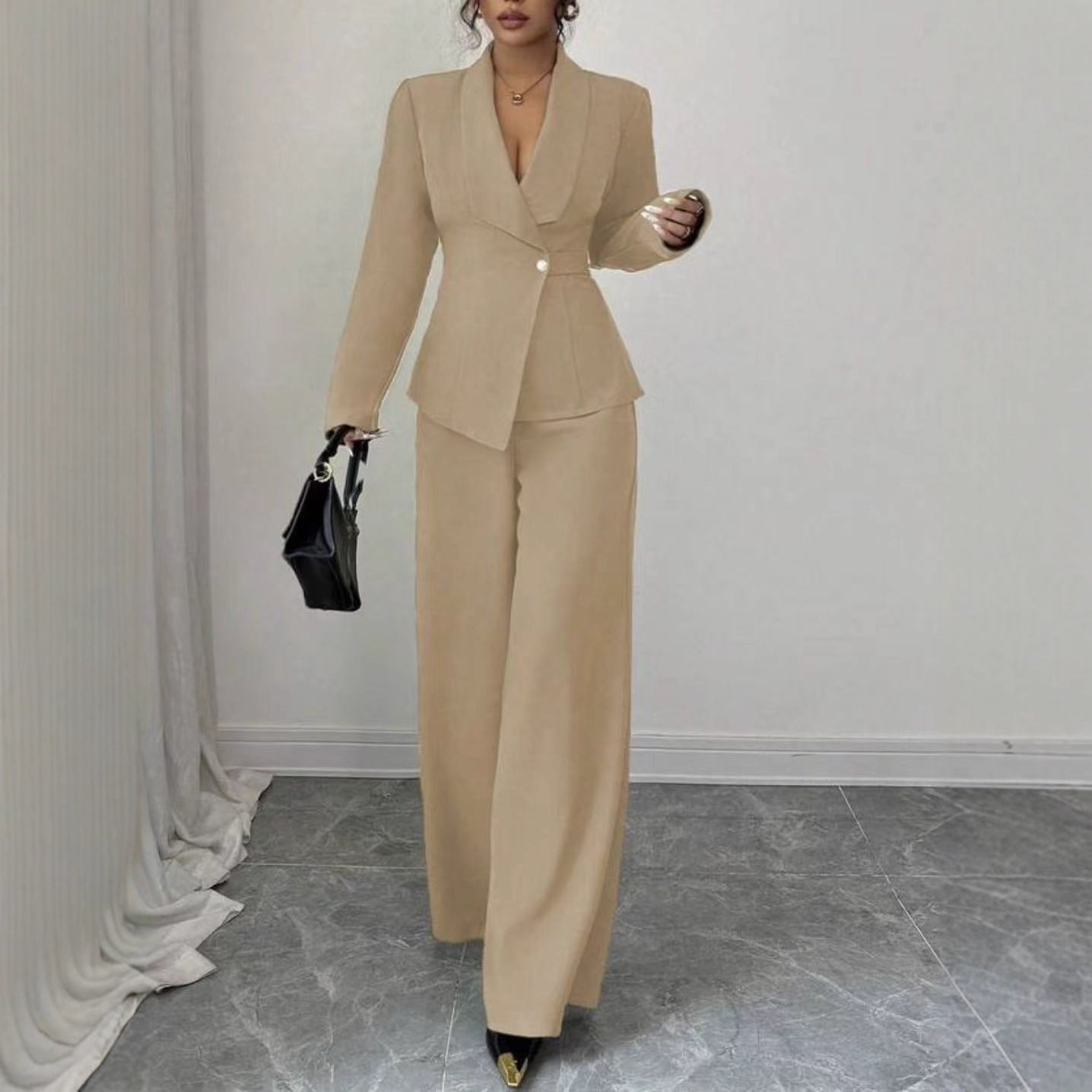 Solid-color Long-sleeve Straight-leg Pants Set For Women