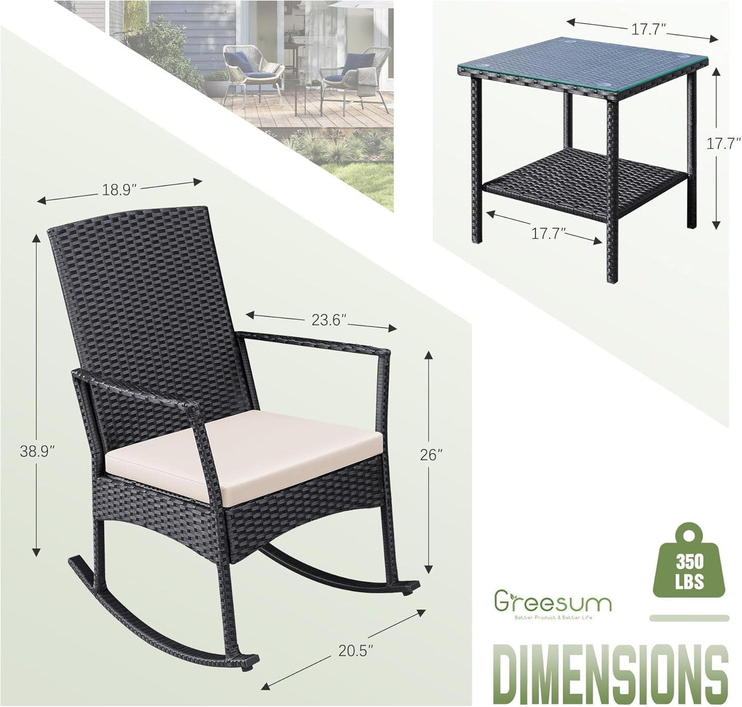 Three Piece Patio Furniture Set Outdoor Wicker Rocking Chairs With Glass Coffee Table Beige
