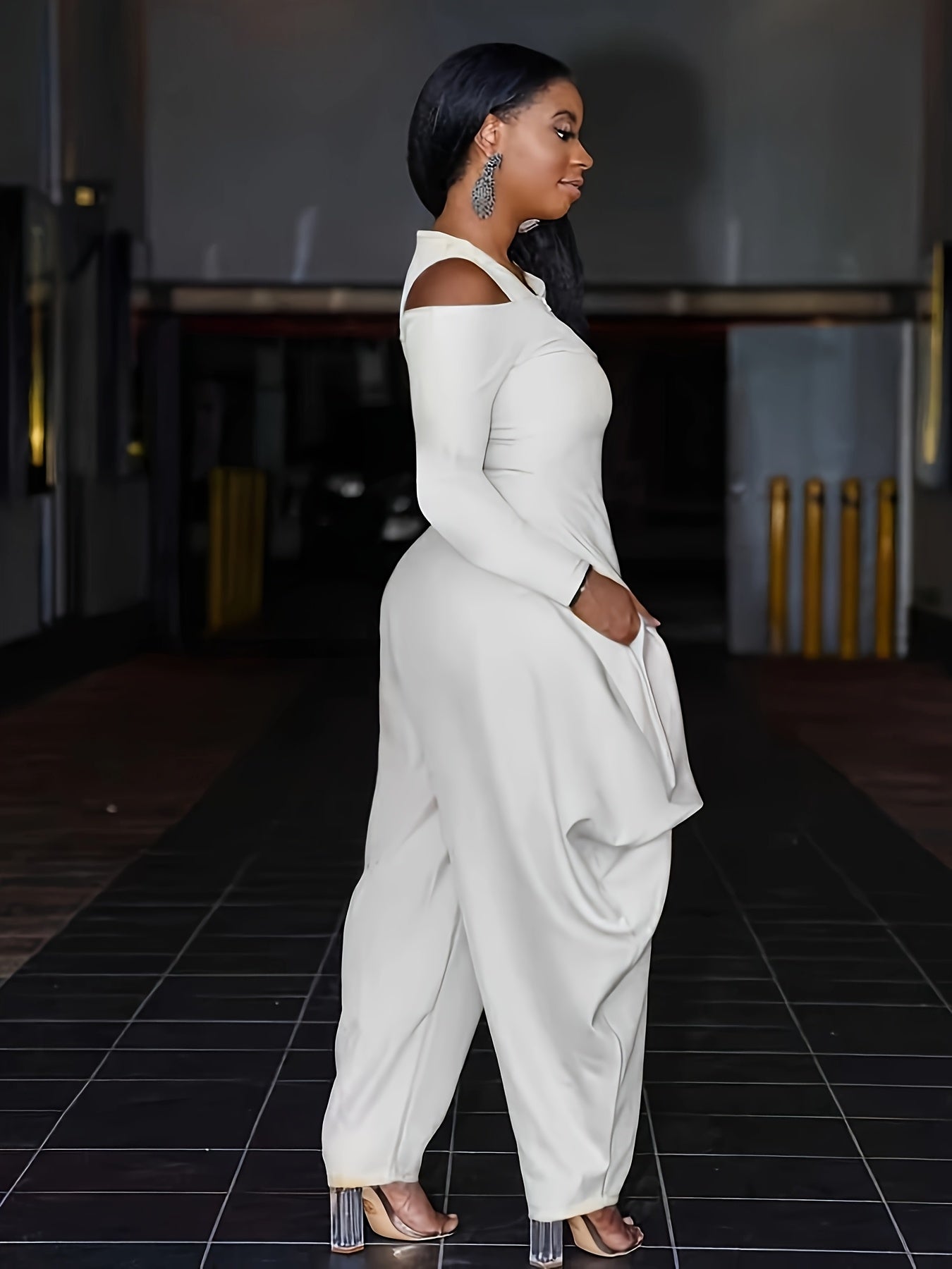Fashionable Solid Color Off-Shoulder Zip-Up Jumpsuit