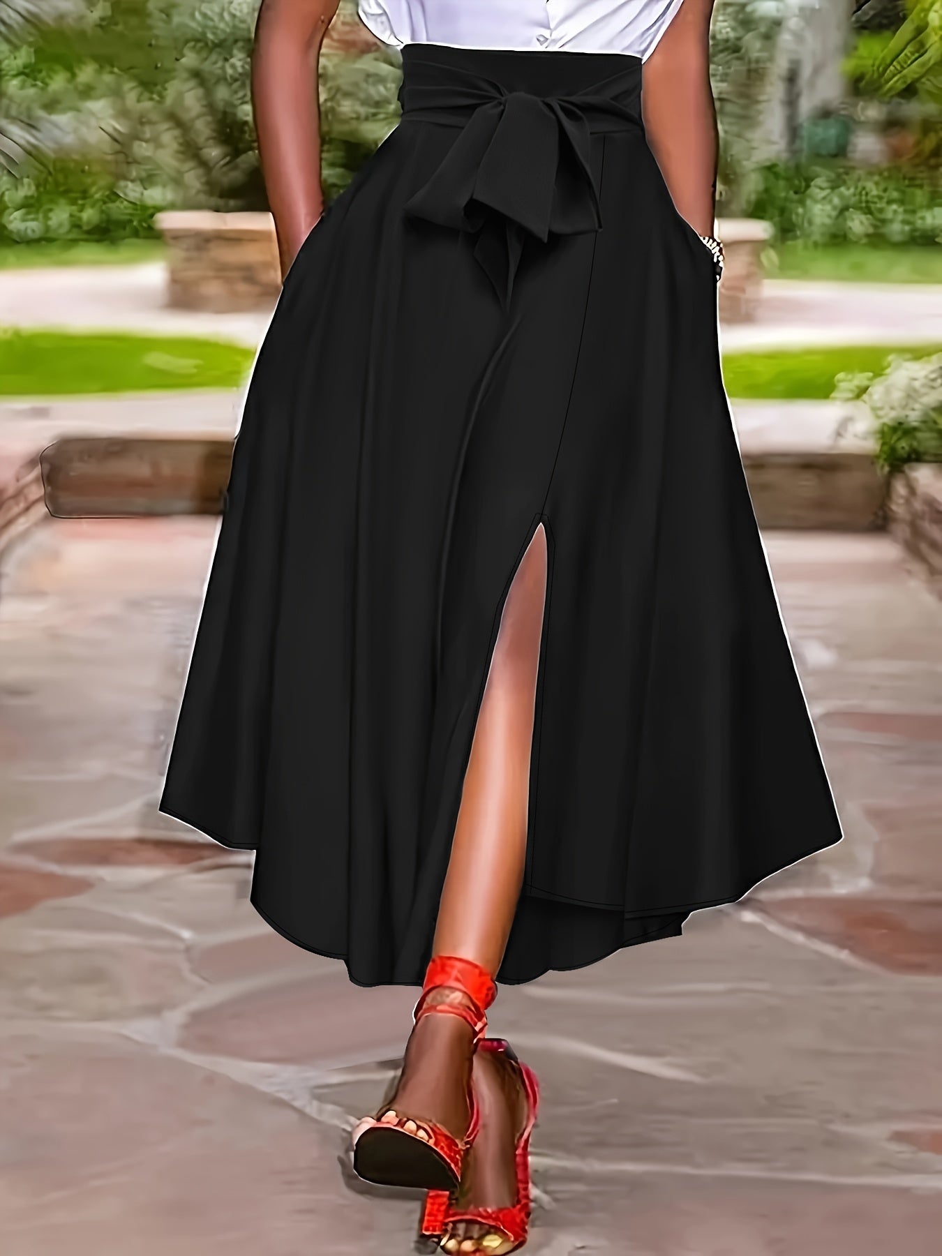 Women's Casual Pleated Skirt with Ruffle Hem and Tie